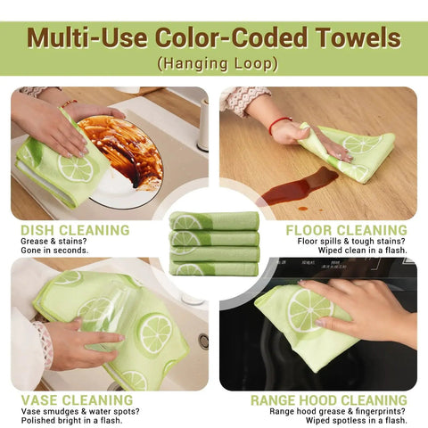 Multi-use color-coded towels demonstrating dish, floor, vase, and range hood cleaning