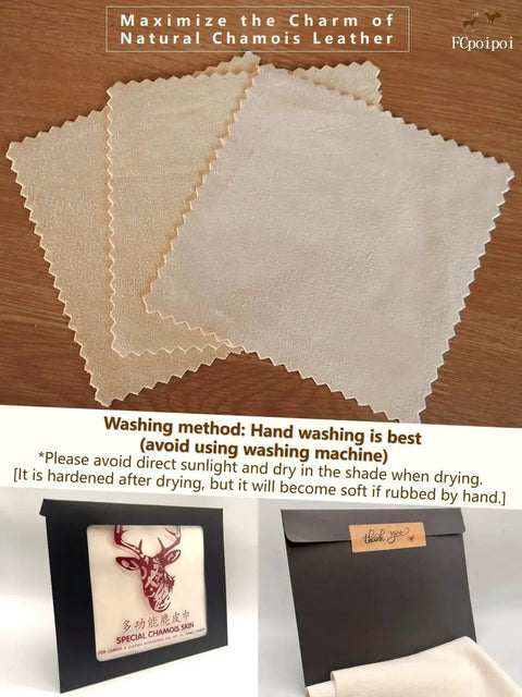 Three natural chamois lens cleaning cloths for glasses, cameras, and screens displayed on wooden surface with care instructions