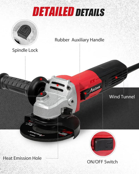 Angle Grinder Four And A Half Inch 7.5 Amp Electric Grinder With Grinding And Cutting Wheels Flap Disc And Auxiliary Handle For Cutting Grinding Polishing And Rust Removal Red with features detailed