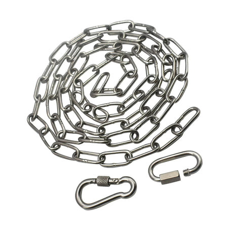 304 Stainless Steel Chain 1/8 Inch By 5 Feet With Welded Closed Links And Locking Carabiners displayed with 2 quick carabiners.