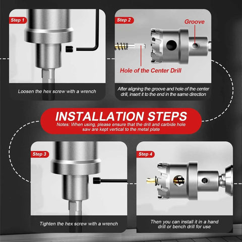 Installation steps for Heavy Duty 21 Piece Carbide TCT Hole Saw Kit For Metal And Wood With Titanium Pilot Bits, by REKCKRUL