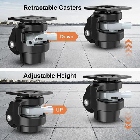 Heavy Duty Leveling Casters With Ratchet Handle Set Of 4 Industrial Casters 2200 Lbs Capacity 2 Inch Adjustable Nylon Wheels showing height adjustment feature