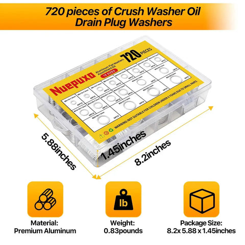 Aluminum Oil Drain Plug Crush Washer Kit With 720 Pieces, 18 Sizes M6 To M24, in labeled plastic case showing dimensions.