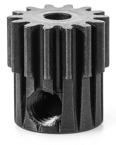 Close-up of Tough As Nails Hardened Steel Pinion Gear For 1 18th Scale RC Cars 48DP 14T 2.0mm Bore, CNC machined for durability.