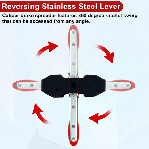 JoyFans brake caliper compression tool set with four spreader plates, stainless steel arms and red grips