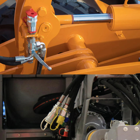 1/4 NPT Ag ISO 5675 CEKER Pioneer hydraulic quick-connect couplers, carbon steel poppet valves, 2-set on yellow machinery