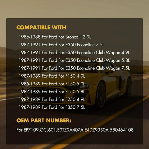 Chart of Ford vehicle compatibility and OEM part numbers for EP7109, GCL601, E9TZ9A407A shown on a road background.