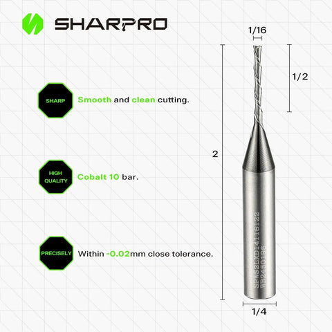 1/16 Inch Diameter Spiral Downcut Router Bit With 1/4 Inch Shank featuring smooth cutting design, marked dimensions and brand logo.
