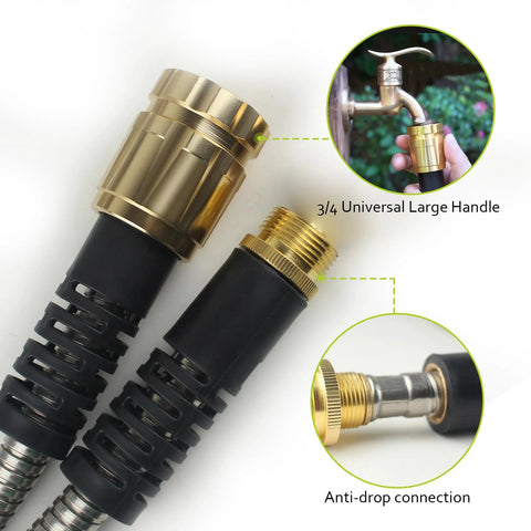 50ft metal garden hose in yellow with brass fittings, anti-drop connection and 3/4 universal large handle