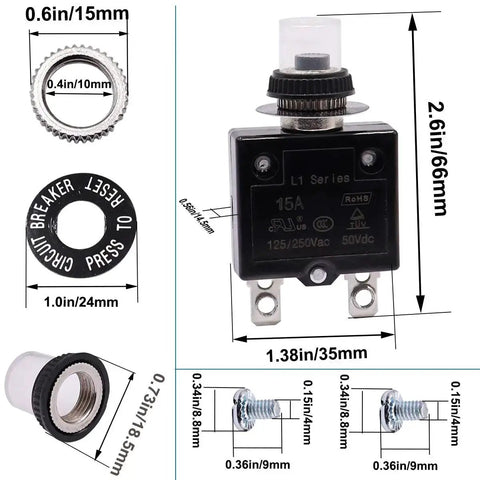 Two Pack 20A Push Button Resettable Circuit Breakers For 125 To 250V AC And 50V DC L1 Series with dimensions and components