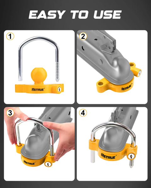 Heavy Duty Universal Trailer Coupler Lock Fits 1-7/8 Inch 2 Inch and 2-5/16 Inch Hitches Yellow Finish Includes 2 Keys Theft Deterrent and Easy Lock Up installation steps.