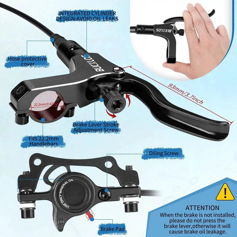 Bucklos MTB hydraulic disc brake set with aluminum levers for mountain bike; left-front 800mm hose, right-rear 1500mm hose