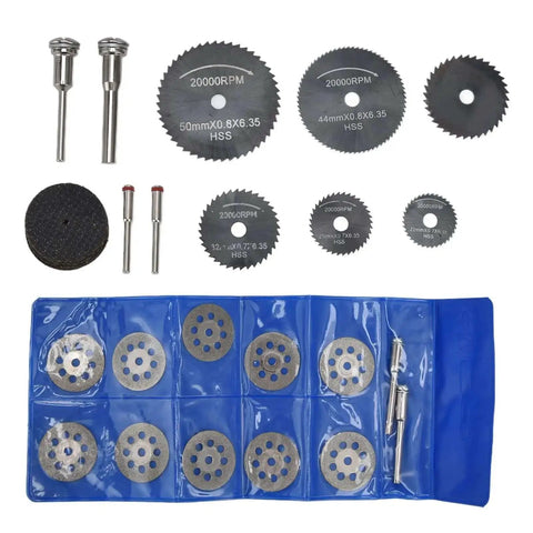 32 Piece Cutting Wheel Set With HSS Circular Saw Blades And Diamond Cutter Wheels Kit with accessories on display