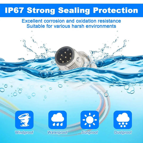 Industrial 8 Pin M12 Sensor Cable With Unshielded Wire, A Coded, IP67 waterproof feature, shown underwater to indicate protection.