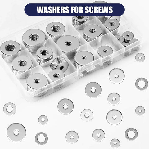 304 Stainless Steel Flat Washers Kit, 200 Pieces in 15 Sizes from M3 to M12, visible in compartment box and individual washers