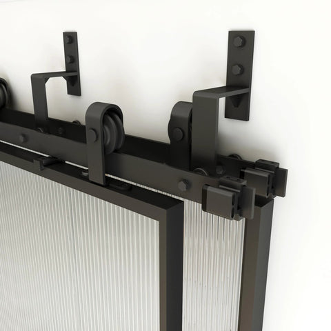 Bypass Glass Barn Door Kit With Double 6-Foot Hardware showing close-up of black carbon steel frame on reeded glass
