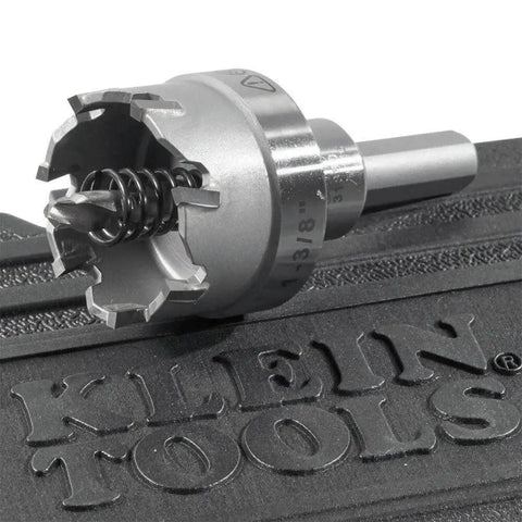Heavy Duty Beast Carbide Hole Saw Kit With Pilot Bit In Rust Proof Molded Plastic Case Includes Three Hole Saws 7/8 Inch 1-1/8 Inch 1-3/8 Inch Plus One More Size For Quick Precise Drilling In Stainless Steel Mild Steel Iron Copper And Brass