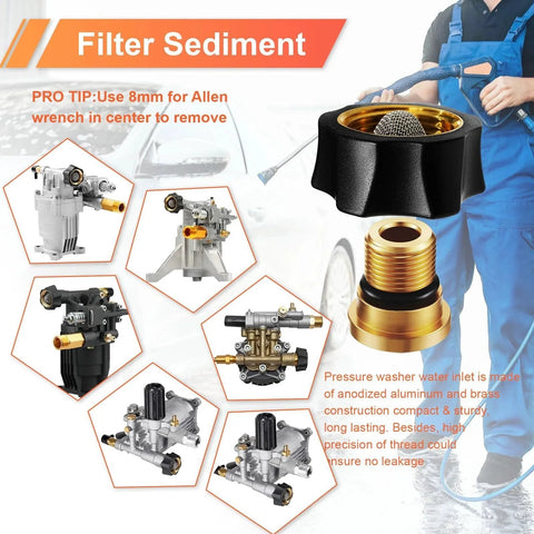 Water Inlet Fitting For Simpson High Pressure Washer Pumps With Three Eighths Inch Male End And Three Quarters Inch Female End Replacement Connector Part DZQPPC 7112362 Fits Multiple Models And Replaces Worn Inlet Connectors shown with components and tools.