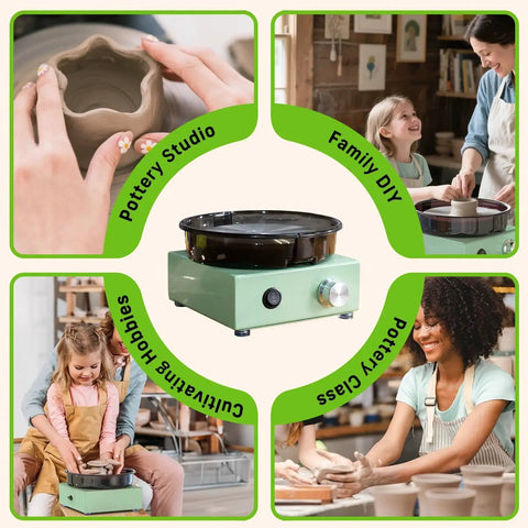Mini Pottery Wheel Kit With 6 Inch Turntable Two Way Rotation Metal Frame And Removable Splash Tray Includes 18 Piece Sculpting Tools Ceramic Craft Machine Kid Friendly For Beginners with kids and adults using it in various settings.