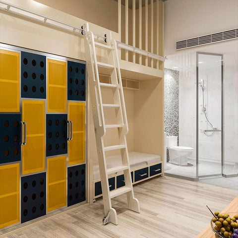 Sliding Barn Door Hardware Kit With Library Rolling Ladder Track Bracket System installed in a modern room interior.