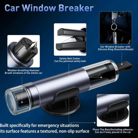 3 Pack Car Window Breaker Hammer And Seatbelt Cutter Kit With 2 In 1 Emergency Escape Tool displayed with details and silicone ring