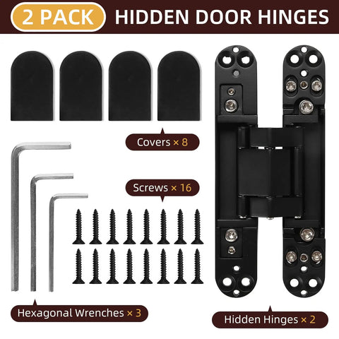 Six Inch Hidden Door Hinges Invisible Hinges Two Pack Heavy Duty Zinc Alloy with screws, covers, and hexagonal wrenches