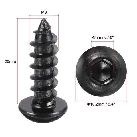 Hex Socket Self Tapping Screws M6 x 20mm Carbon Steel Wood and Metal Fasteners 50 Count Pack For Quick Drilling And A Tough Grip That Holds Like A Boss, showing detailed front and top view measurements.