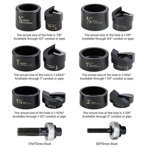 Manual Knockout Hole Punch Kit For Electrical Conduit From Half Inch To Two Inch with steel punches and draw studs visible