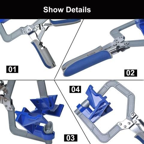 90 Degree Corner Clamp Set For Woodworking, Right Angle Jig for 90 Degree Corners and T Joints, blue and silver adjustable clamps.