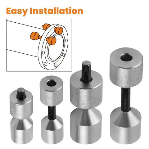 4 Piece Stainless Steel Flange Two Hole Alignment Pins Set In 1-1/8 Inch And 1-5/8 Inch Diameters For Quick Bolt Hole Alignment And Easy Install
