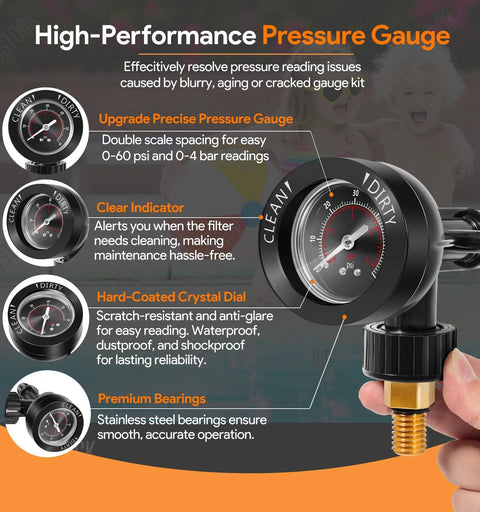 Brass air relief valve with pressure gauge; black gauge body, brass threaded outlet, 0–60 psi dial.