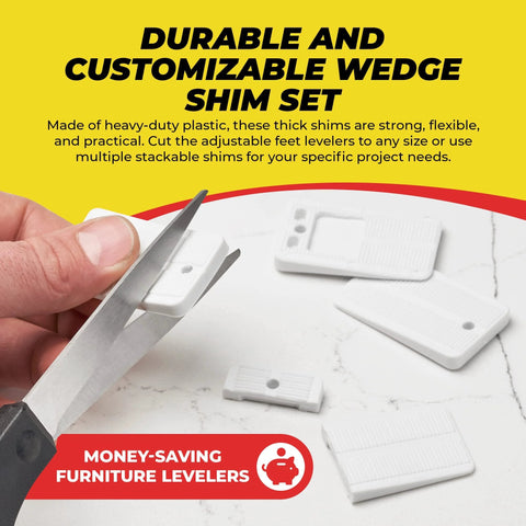 Flexible Wedge Shims For Furniture And Toilet Leveling 40 Pack Durable Plastic Adjustable Shims being cut with scissors.