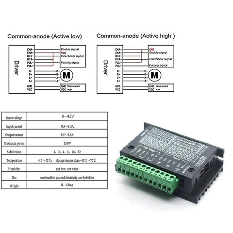 Diagrams and specifications alongside TB6600 stepper driver from Upgraded TB6600 Stepper Driver Kit With Nema 17 HS4401S Motor For CNC Machines Engraving And 3D Printers The Go To Kit For XYZ Tables Laser Cutters And Pick And Place Devices.