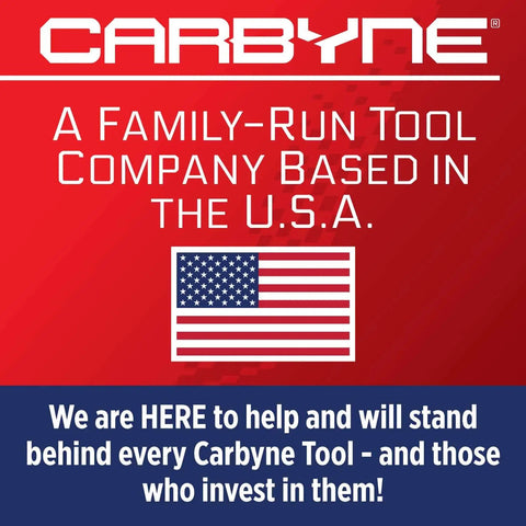 Carbyne banner with U.S. flag, highlighting family-run tool company based in the USA