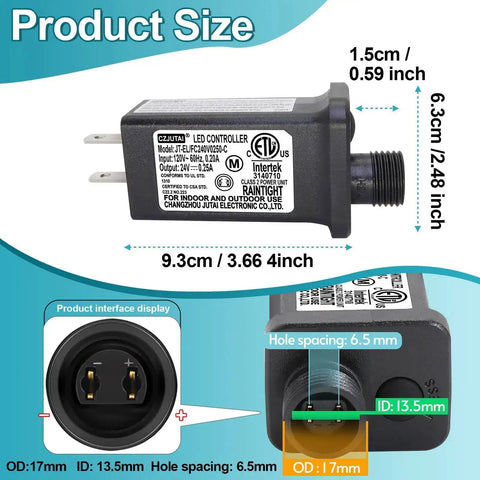 Premium 24V LED Power Supply With Eight Modes For Versatile Lighting IP44 Waterproof Class 2 Transformer 6W 0.25A shown with dimensions