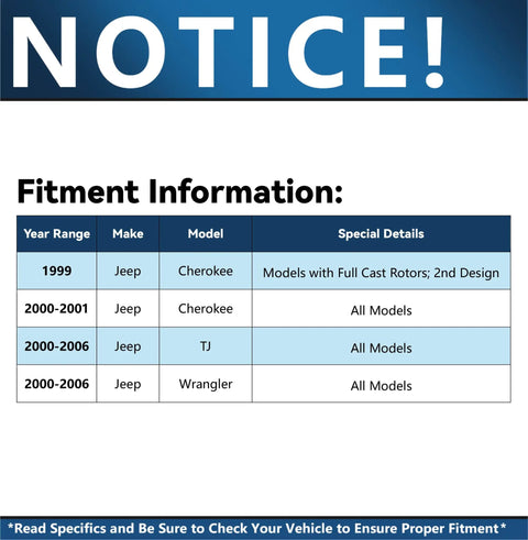 Fitment information table for Jeep Cherokee 1999-2001 and Wrangler TJ 2000-2006 with special details on model compatibility.