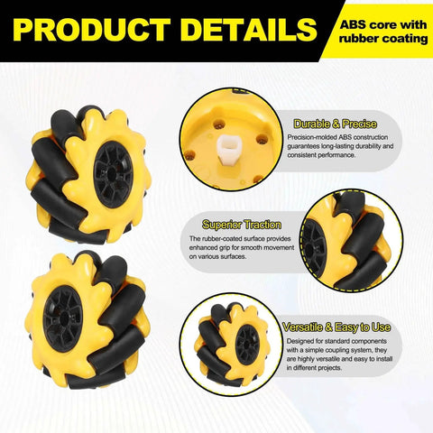 2 Pack Mecanum Wheels Set 60mm omnidirectional wheels for smart robot cars and DIY models, ABS rubber, yellow, close-up view