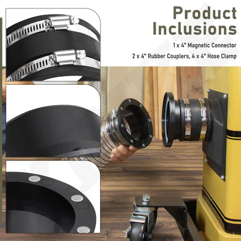 4 Inch Magnetic Dust Collection Connector With Dust Control Flex Cuff for Woodworking shown with rubber couplers and hose clamps.