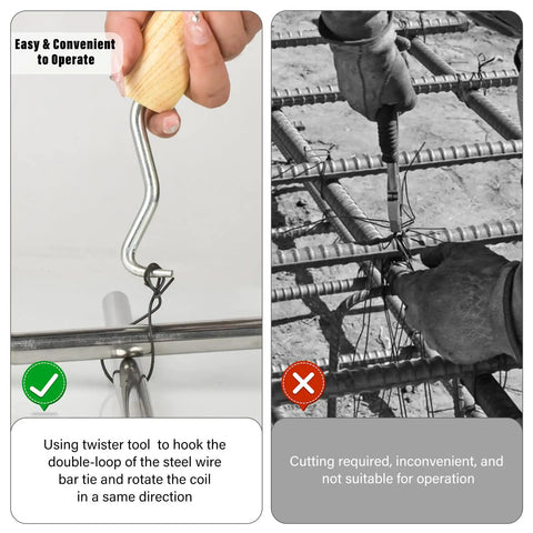 Hands using twister tool on rebar for 1000Pcs Rebar Tie Wire Set With 2 Tie Wire Twisters And Gloves, 6 Inch Double Loop 16 Gauge Steel Bar Ties.