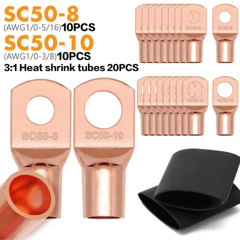Copper lugs SC50-8 and SC50-10 with heat shrink tubes for 1/0 gauge CCA power and ground wire kit installation