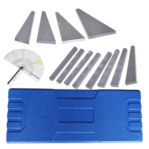 Precision Angle Block Set for Machinists Dope UpAmcarker Includes Twelve Hardened Steel Gauge Blocks From One Quarter To Thirty Degrees For Milling Lathes And Inspection Calibration In A Quarter Inch Thick Block displayed with a blue storage case.