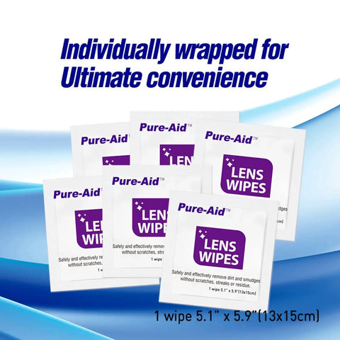 Lens Wipes For Eyeglasses Camera Lenses And Screens 100 Count Pack showing individual wrapped packets and dimensions.