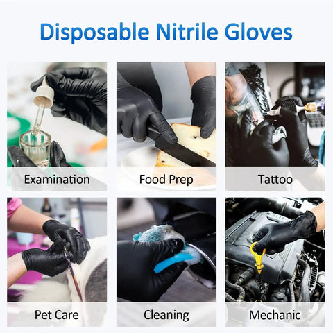Grid of six images showing different uses for Black Nitrile Exam Gloves Medium 4 Mil Powder Free Latex Free Food Safe Medical Grade Puncture Resistant 100 Count Box Ideal For Medical And Food Handling And Laboratory Use Suitable For Medical Dental And Food Service Environments