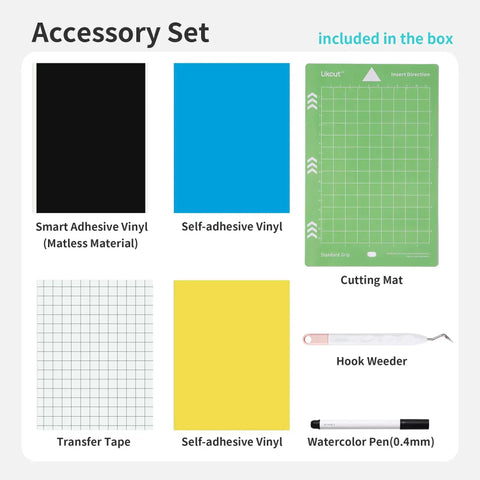 Accessory set including cutting mat, transfer tape, self-adhesive vinyl, hook weeder, and watercolor pen for vinyl cutter machine.