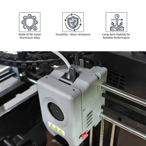 Close-up of Upgrade Filament Cutter for Adventure 5M Pro 3D Printer showing all-metal extruder head and filament insertion point.
