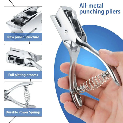 Heavy Duty All Metal Badge Hole Punch For ID Cards with new punch structure and power springs shown in hand.