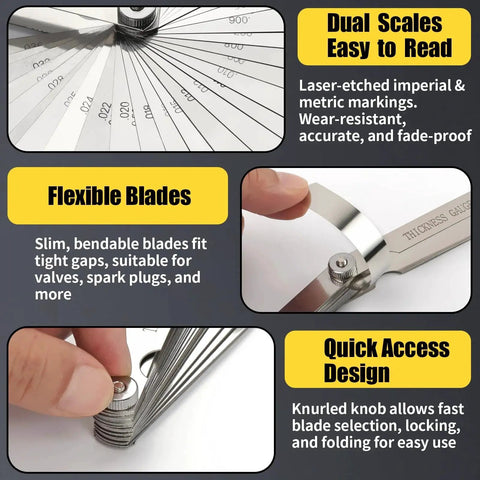 Feeler Gauge Set Stainless Steel Two Piece Pro Grade With Thirty Two Straight Blades And Sixteen Angled Blades Dual Marked SAE And Metric For Spark Plug Gap And Valve Filler Measurements Wide Range Tool showcasing detailed features and benefits.