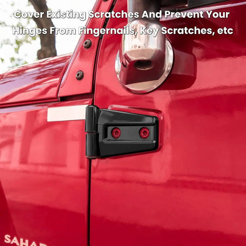 Door Hinge Trim Kit for Wrangler JK JKU 2007-2018 Black 8 Piece installed on red Wrangler door