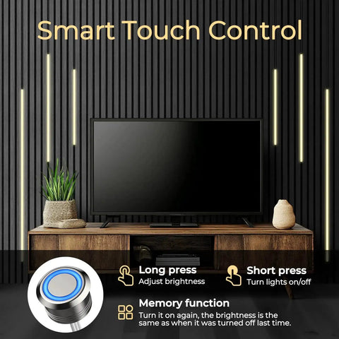 Easy-Install Self-Adhesive Dimmable LED Light Strips Kit for Slat Wall Panels and Wood Walls with touch control next to TV setup