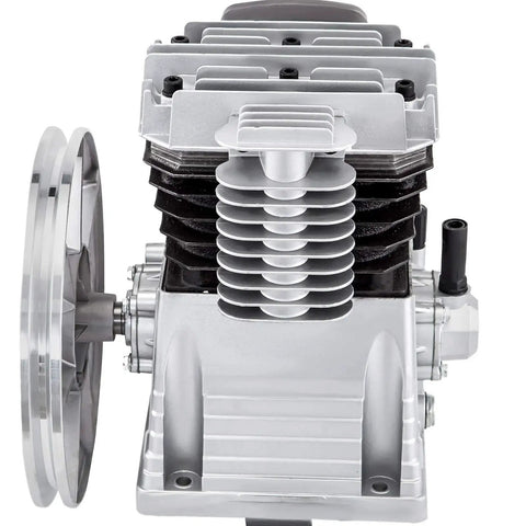 Front view of Beefy 3HP Industrial Air Compressor With 11 CFM Output, 1300 RPM Twin Cylinder Aluminum Head Single Stage Piston Style Pump